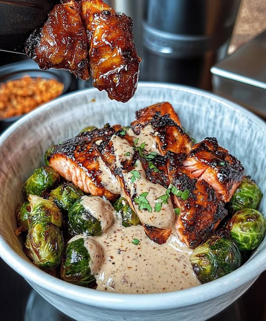 Teriyaki Salmon Bowls with Crispy Brussels Sprouts