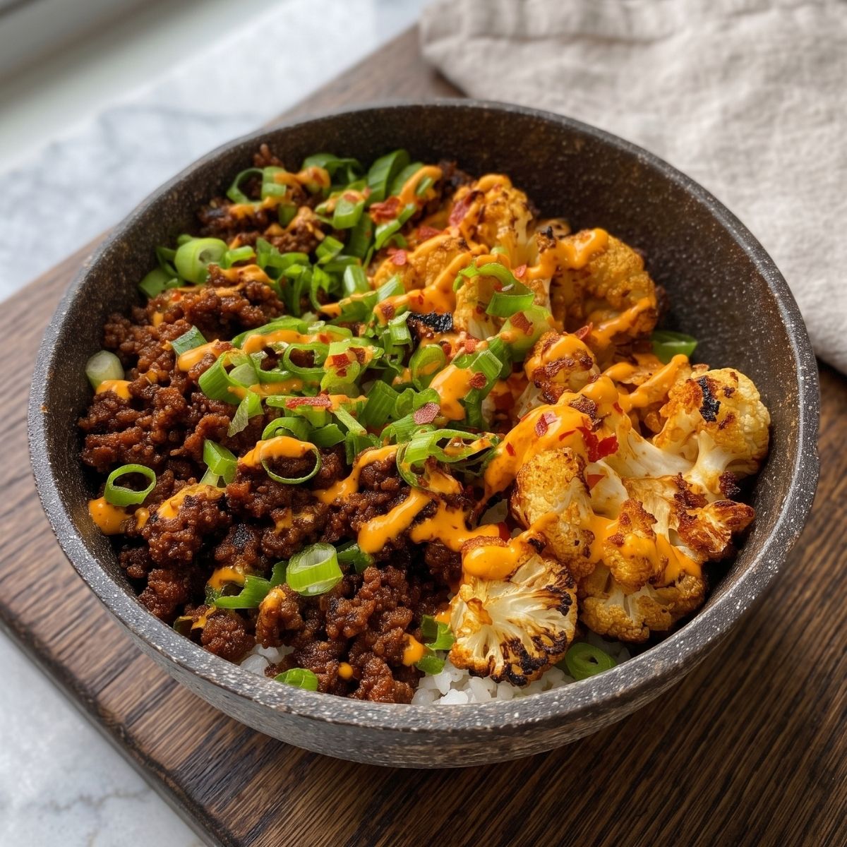 Crispy Chile Ground Beef And Cauliflower Protein Bowls